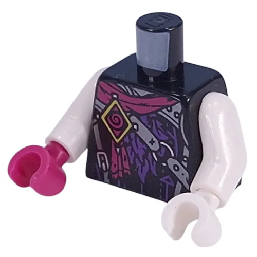 Torso, Odd Hands, Magenta Sash, Silver Straps/Armor, Dark Purple Features, Bright Light Yellow Badge print, White Arms, Left White Hand, Right Magenta Hand