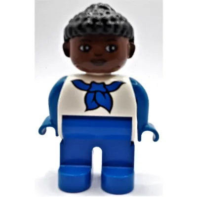 Duplo Figure, Early, Curly Hair with Bun Black, Blue Legs, Blue Arms and Neckerchief Print