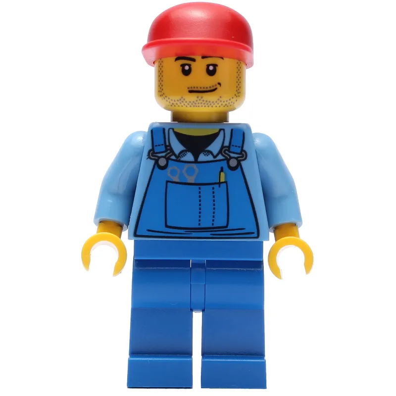 Man, Blue Overalls over Shirt, Blue Legs, Red Cap, Stubble