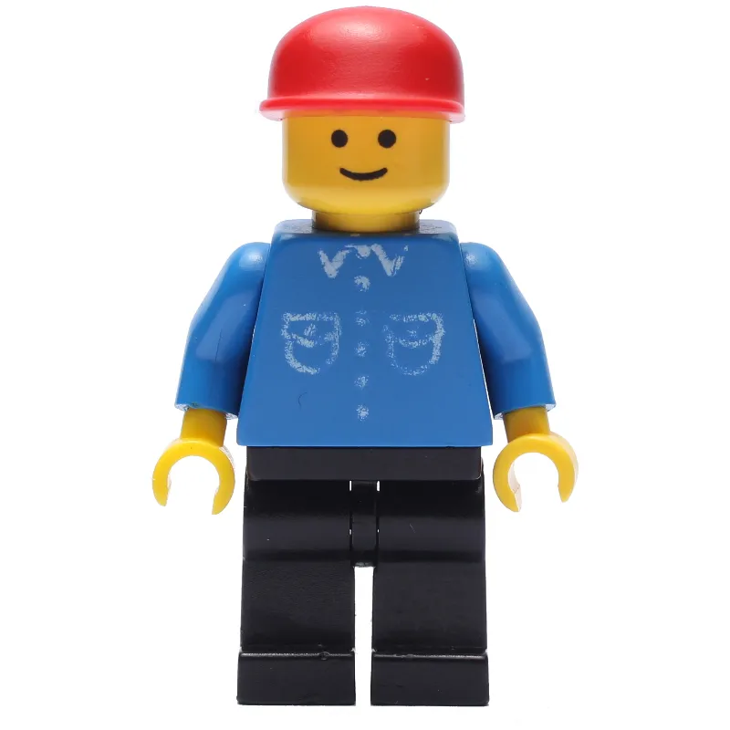Man, Blue Shirt with Buttons and Pockets, Black Legs, Red Cap
