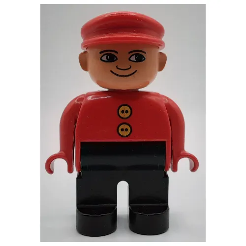Duplo Figure, Early, with Flat Cap Red, Black Legs, 2 Yellow Buttons, White Eyes Print