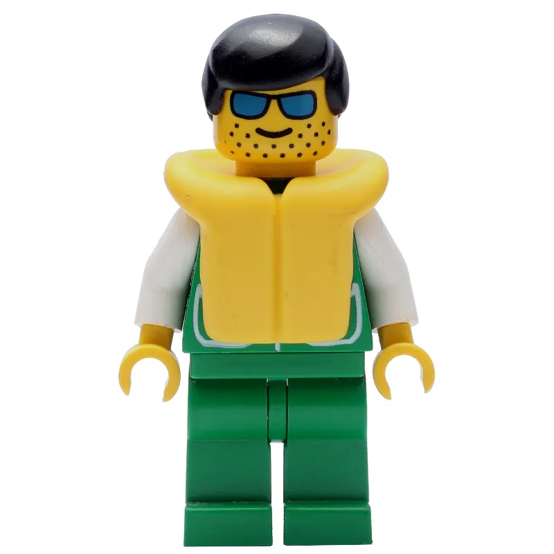 Man, Green Jacket, Green Legs, Black Hair, Yellow Life Vest, Sunglasses