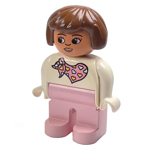 Duplo Figure, Early, Hair Bob Brown, Light Pink Legs, Pink Scarf with Hearts Print