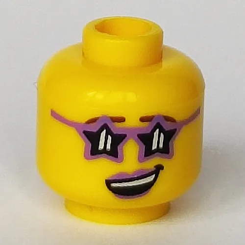 Minifig Head Disco Diva, Glasses Star Shaped, Medium Lavender Lips, Open Lopsided Smile with Teeth Print [Hollow Stud]
