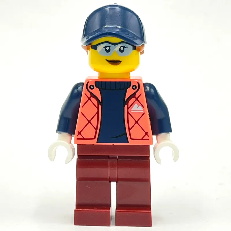 Woman, Coral Jacket, Dark Red Legs, Dark Blue Cap with Hair