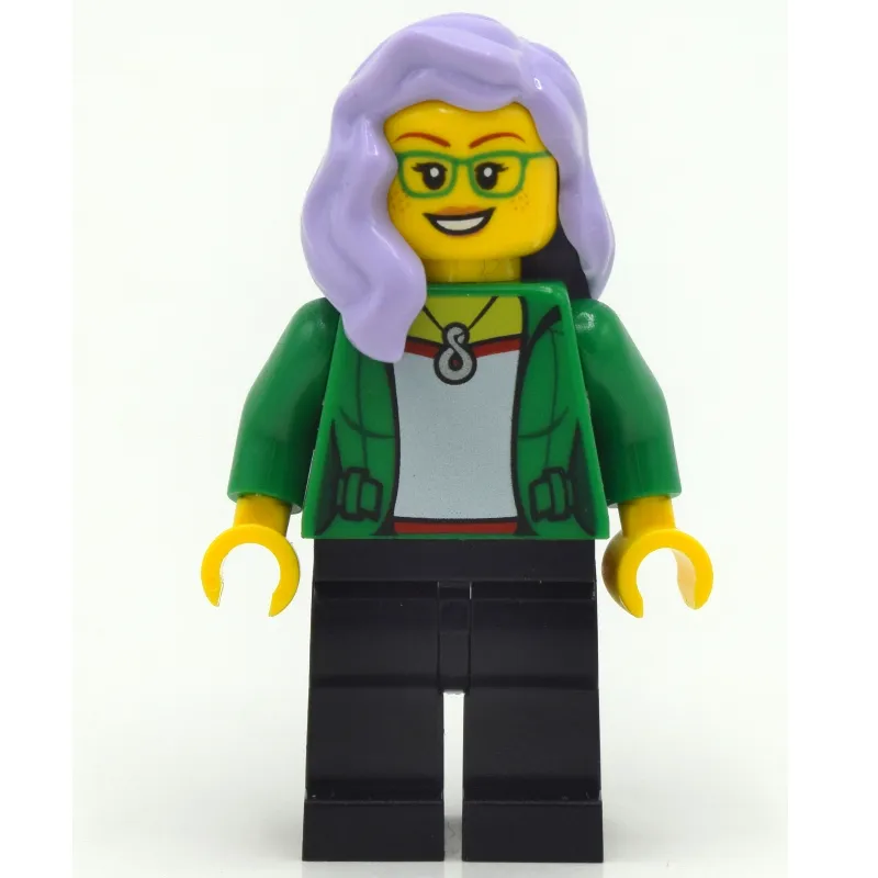 Woman, Open Green Jacket, Black Legs, Lavender Hair