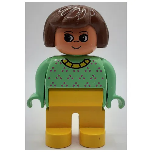 Duplo Figure, Early, Hair Bob Brown, Yellow Legs, Dark Pink Dots and Yellow Collar Print
