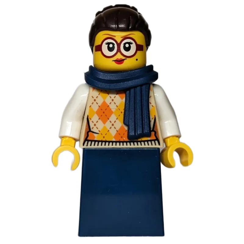 Woman, Tan Torso, Dark Blue Dress, Dark Brown Hair, Dark Blue Scarf