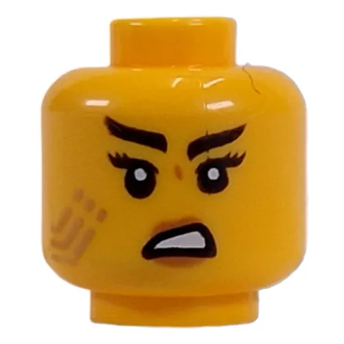 Minifig Head Jordana, Gold Circuitry, Black Raised Eyebrow, Confused Smirk / Angry Mean Smirk print