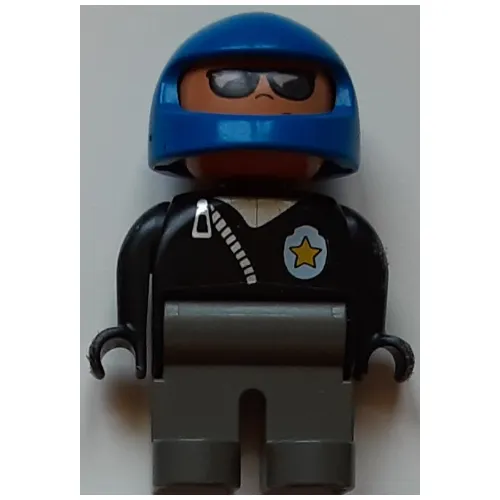 Duplo Figure, Early, Helmet Blue, Dark Gray Legs, Sunglasses, Diagonal Zippered Jacket and Police Badge Print