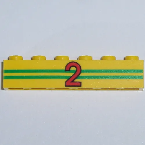 Brick 1 x 6 with 2 Green Stripes and Red '2' Print