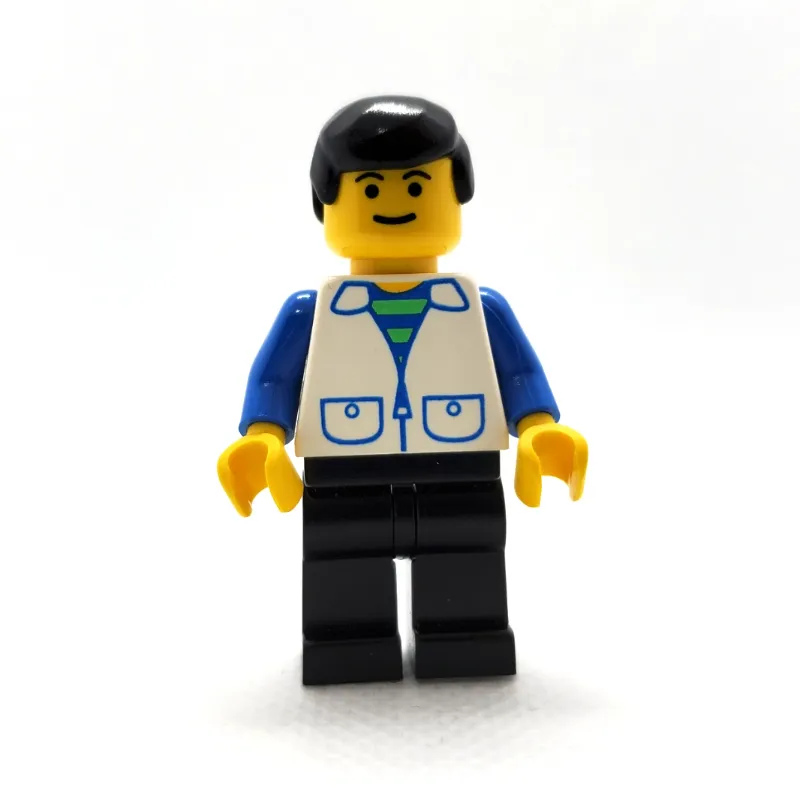 Man, Open White Vest over Blue and Green Striped Shirt, Black Legs, Black Hair