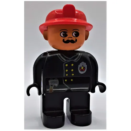 Duplo Figure, Early, Fire Helmet Red, Black Legs, Gold Buttons, Axe, Fire Badge, Moustache Print