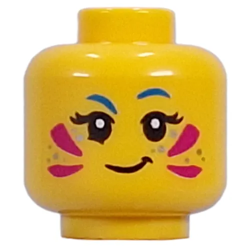 Minifig Head Izzie, Magenta Face Paint, Silver Sparkles, Blue Eyebrows, Smirk/Open Mouth Smile
