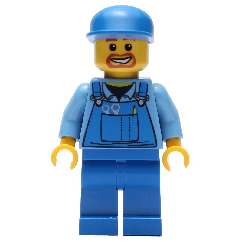 Construction Worker, Blue Overalls over Medium Blue Shirt, Blue Cap, Goatee Beard