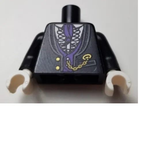 Torso Jacket Formal with White Shirt with Frills, Dark Purple Vest and Cravat, Gold Watch Chain Print, Black Arms, White Hands