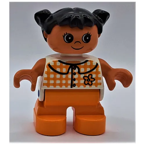 Duplo Figure, Early Child, with Pigtails Black, Orange Legs, Orange Plaid Shirt Print