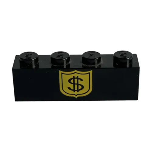 Brick 1 x 4 with Black Dollar Sign on Yellow Badge Print
