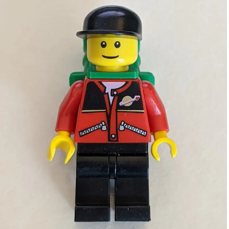 Man - Red Jacket, Black Legs, Black Cap, Green Backpack