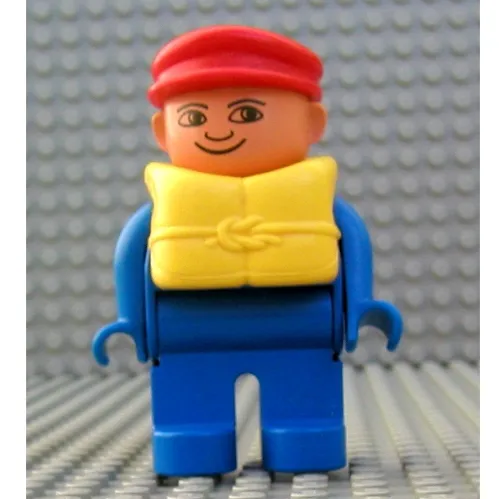 Duplo Figure, Early, with Flat Cap Red, Blue Legs, Life Jacket, No White in Eyes Print