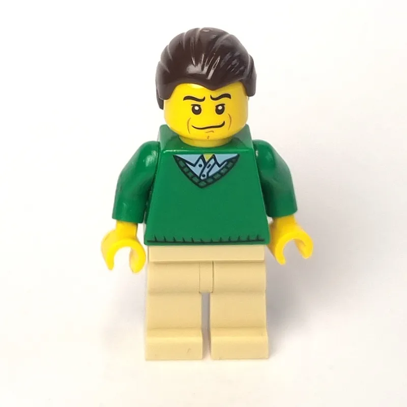 Man, Green V-Neck Sweater, Tan Legs, Dark Brown Hair