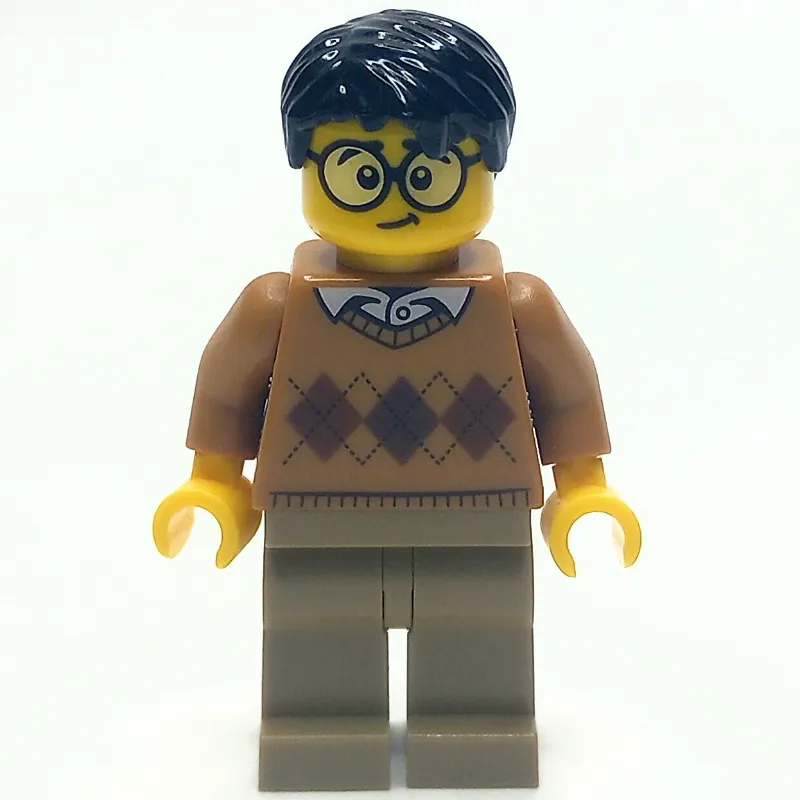 Man, Medium Dark Argyle Sweater, Dark Tan Legs, Black Hair, Glasses