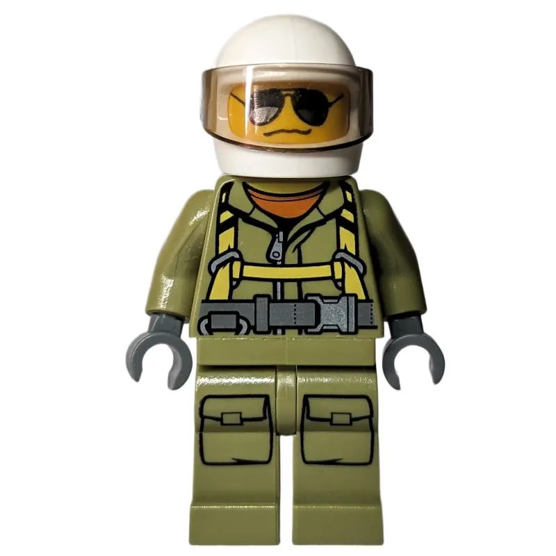 Volcano Explorer, Man, Olive Green Jumpsuit with Straps, White Helmet with Visor, Sunglasses