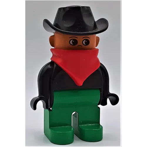 Duplo Figure, Early, Cowboy Hat Black, Green Legs, Red Bandana