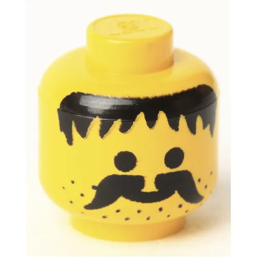Minifig Head, Moustache, Stubble and Messy Hair Black Print [Solid Stud]