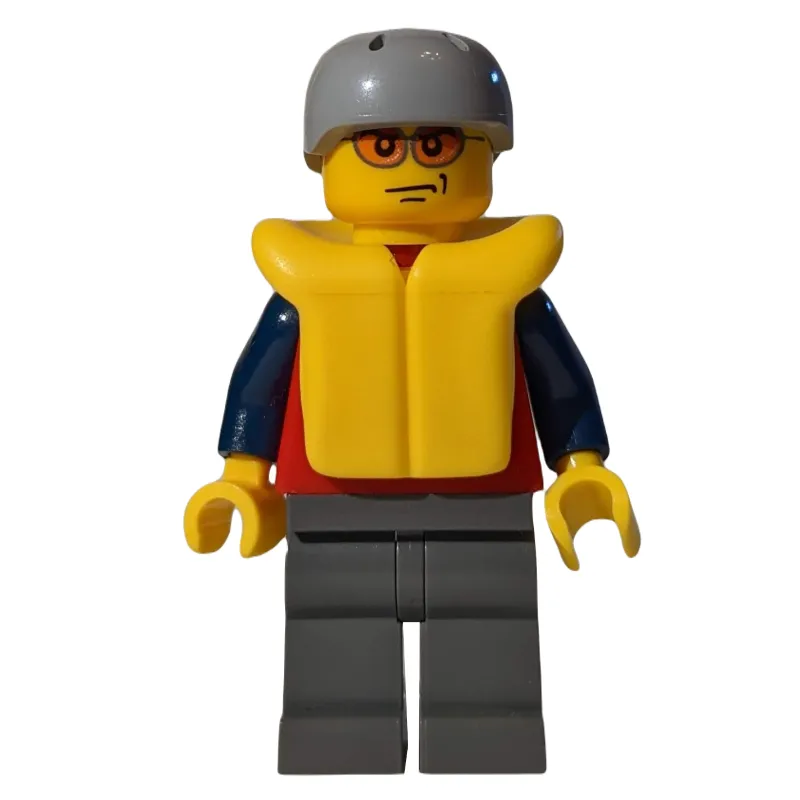 Man, Red Top with Dark Blue Arms, Dark Bluish Gray Legs, Light Bluish Gray Helmet, Yellow Life Vest, Orange Sunglasses