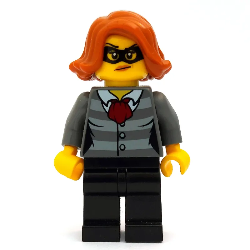 Criminal, Woman, Prison Shirt with Dark Red Scarf, Dark Orange Hair, Black Eyemask