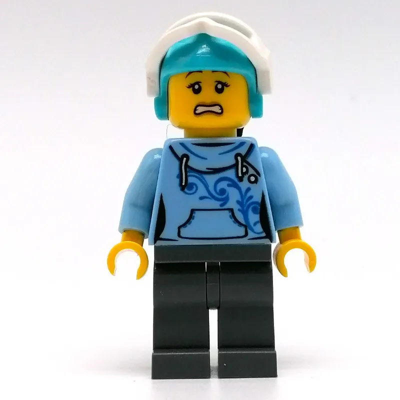 Woman, Bright Light Blue Hoodie, Dark Bluish Gray Legs, Medium Azure Helmet with Hair and Snow Goggles