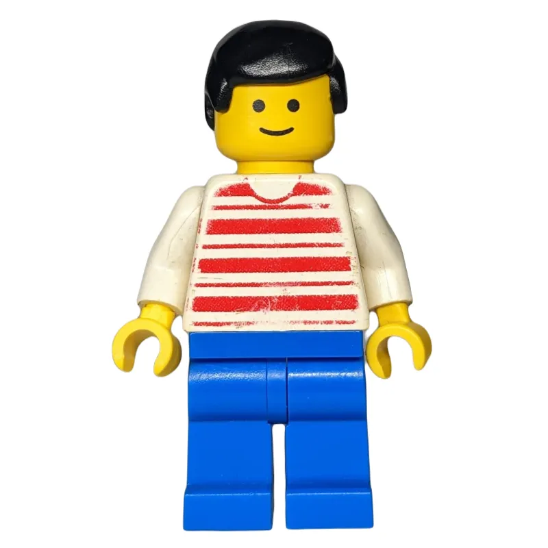 Man, Red and White Striped Shirt, Blue Legs, Black Hair