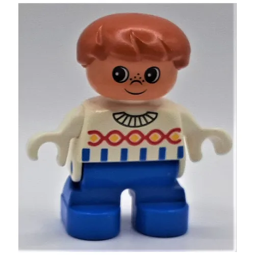 Duplo Figure, Early Child, Hair Swept Left Dark Orange, Blue Legs, Blue Stripes and Red Twist on Sweater Print