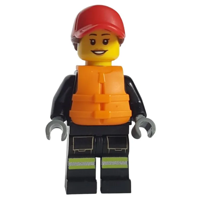 Firefighter, Black Fire Suit, Orange Life Vest, Red Cap