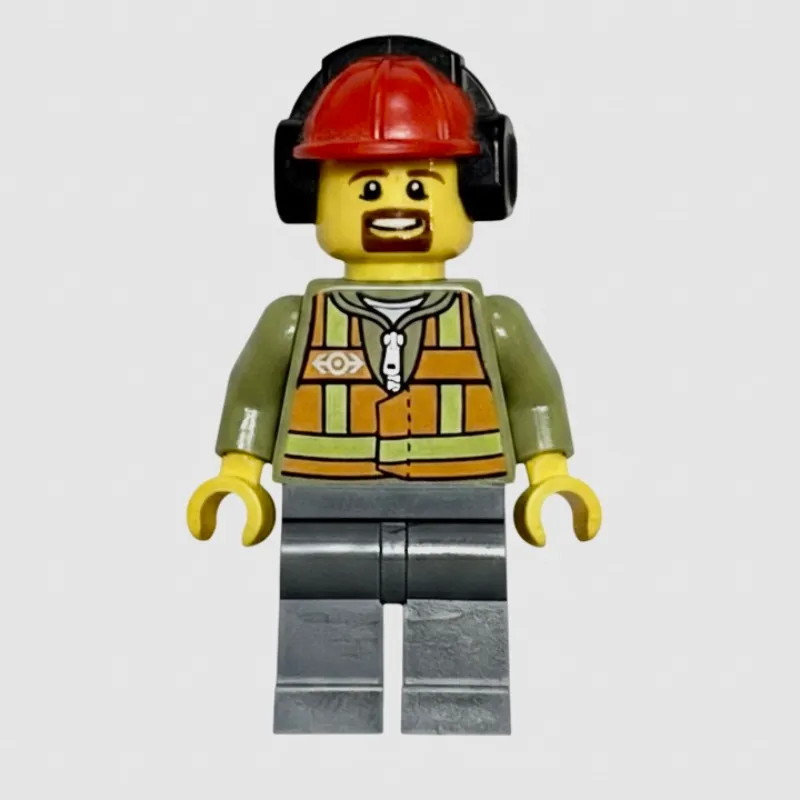 Train Worker, Orange Safety Vest with Train Logo over Olive Green Hoodie, Dark Bluish Gray Legs, Red Hard Hat with Ear Defenders, Goatee Beard