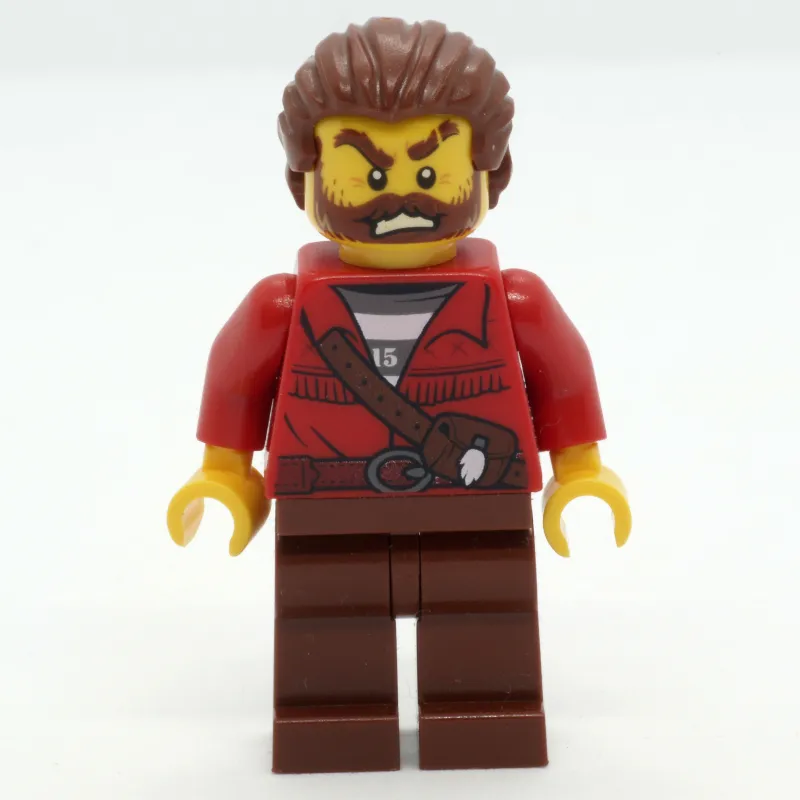 Criminal, Red Jacket over Prison Shirt, Reddish Brown Hair, Beard