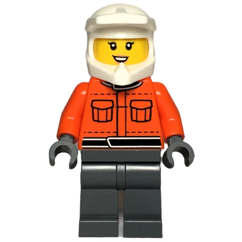 Pit Crew, Reddish Orange Torso, Dark Bluish Grey Legs, Female, Smile