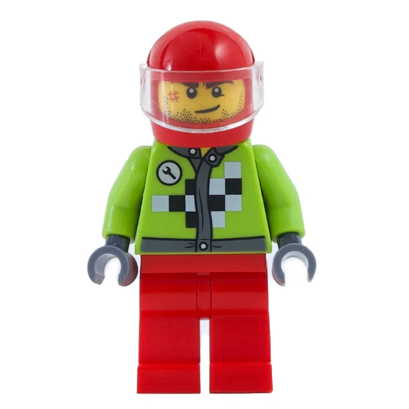 Racer with Lime Jacket with Black and White Checks, Red Helmet with Trans-Clear Visor