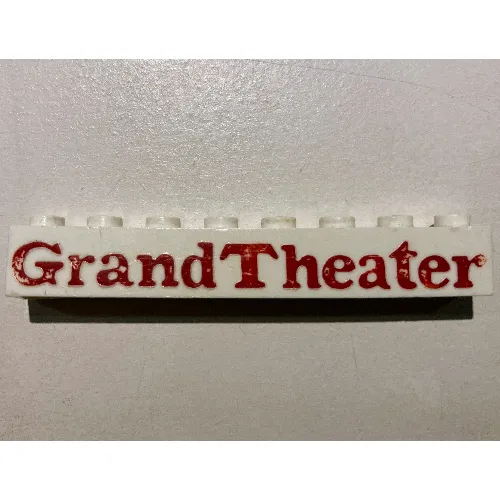 Brick 1 x 8 without Bottom Tubes with Cross Side Supports with 'Grand Theater' Bold Red Print