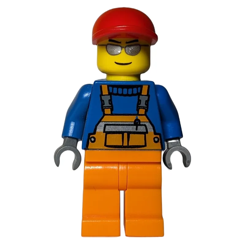 Construction Worker, Orange Overalls over Blue Sweater, Red Cap, Silver Sunglasses