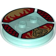 Function Brick Round 4 x 4 x 2/3 with 2 Studs and Gold Chima Lion Symbol and Red Fire Print