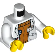 Torso Lab Coat with Pockets and ID Badge over Orange Sweater / Arctic Explorer Logo Back Print, White Arms, Yellow Hands
