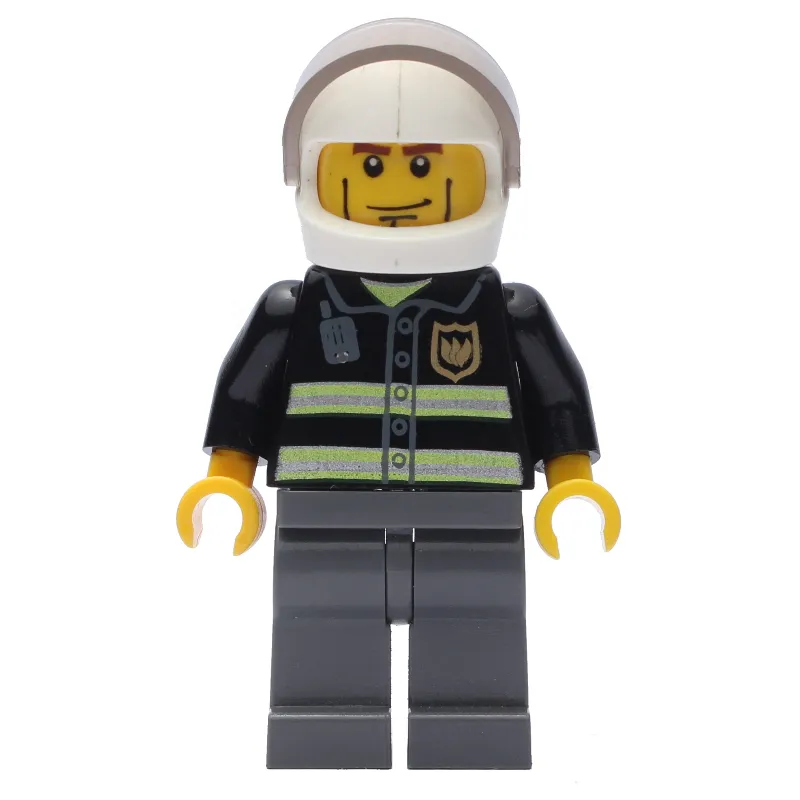 Fireman, Black Fire Jacket with Reflective Stripes, Radio, and Badge, White Helmet with Visor, Cheek Lines, Dark BLuish Grey Legs