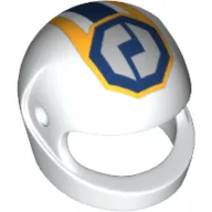 Helmet, Standard with GEAR Racing Team Logo in Dark Blue Octagon, and Layered Yellow, White, and Dark Blue Stripes Print