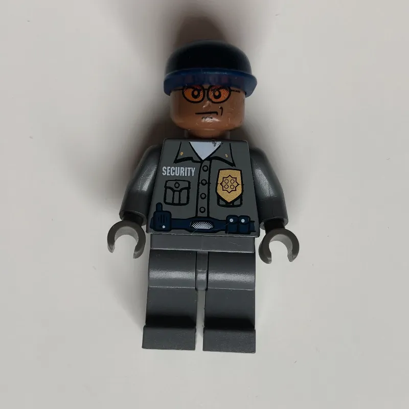 Security Guard Dark Bluish Gray Shirt with Badge, Dark Blue Cap, Orange Sunglasses