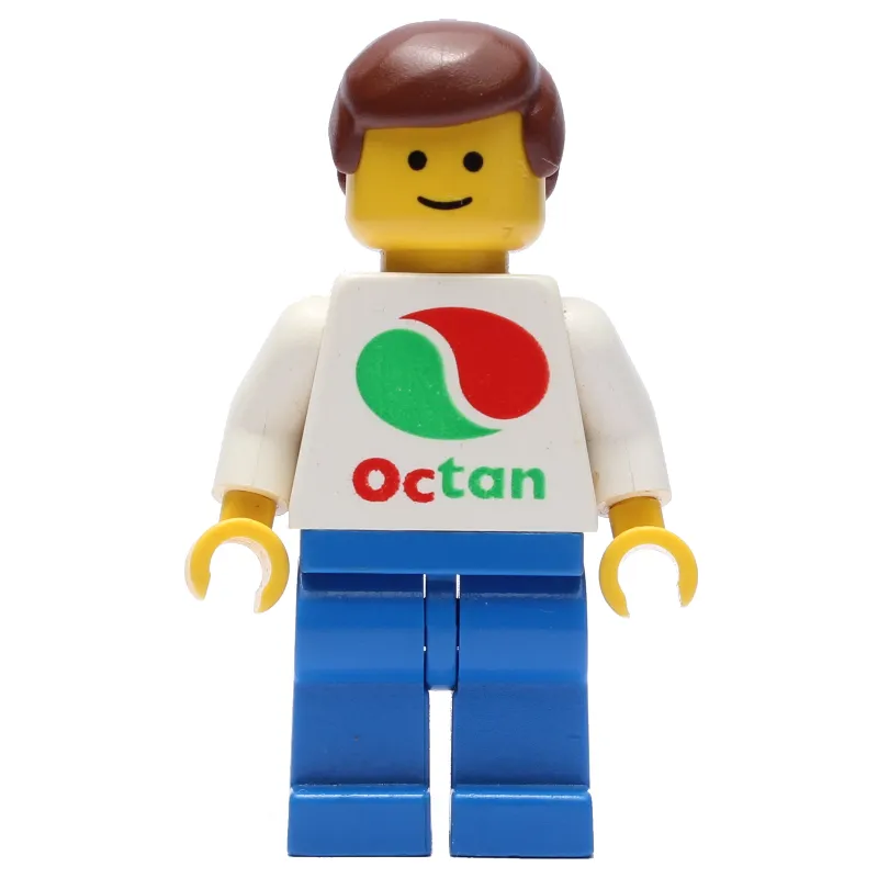Man, White Top with Large Octan Logo, Blue Legs, Reddish Brown Hair