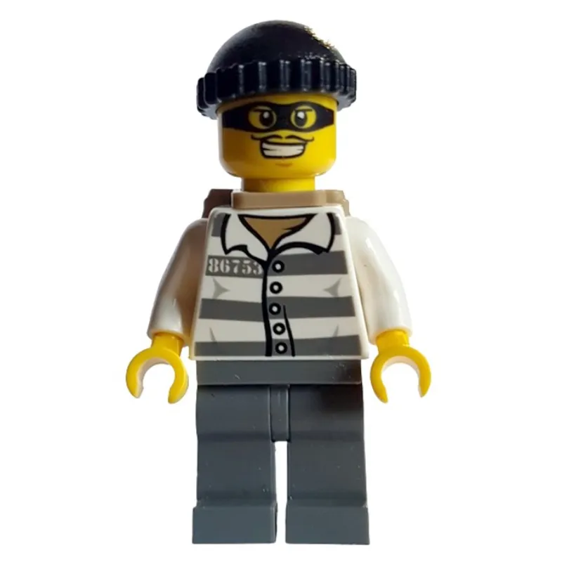 Criminal, Prison Shirt with #86753, Dark Bluish Gray Legs, Black Hat, Backpack, Black Eyemask