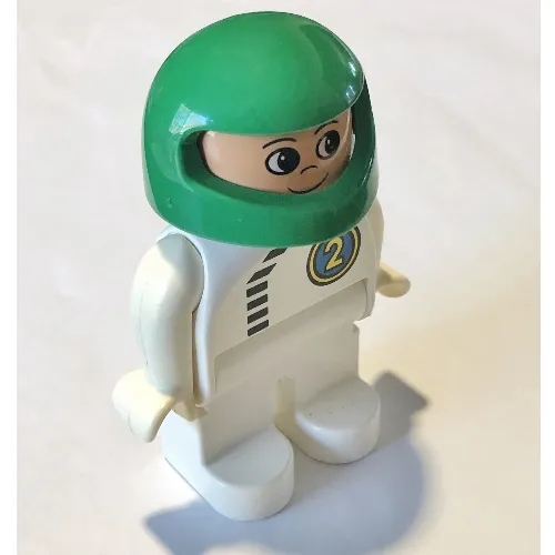 Duplo Figure, Early, Helmet Green, White Legs, Black Zipper and Racer #2 Print