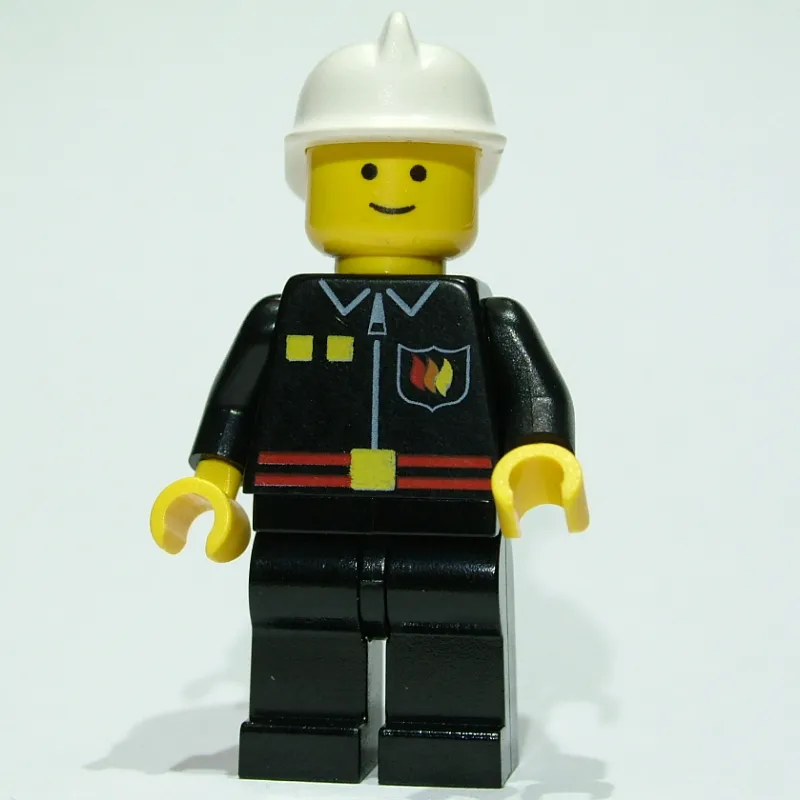 Fireman, Black Fire Jacket with Red Belt and Badge, White Helmet